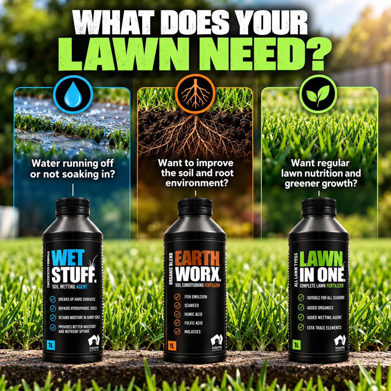 Wet Stuff, Earth Worx and Lawn in One complete lawn care system