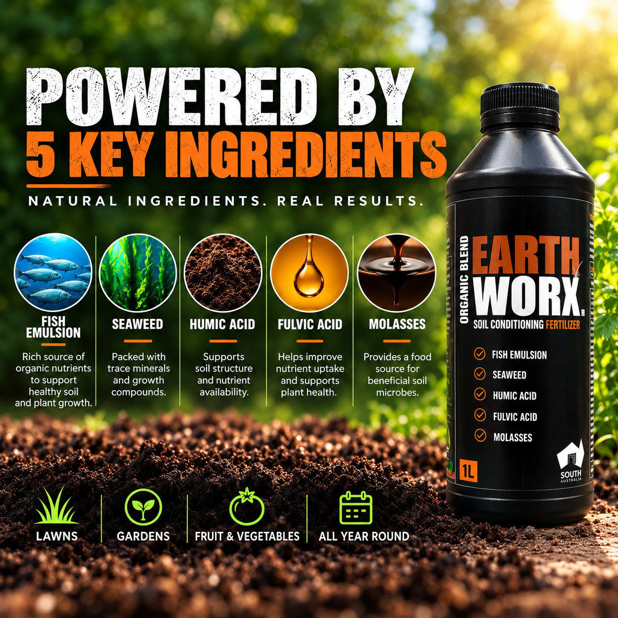 Earth Worx ingredients – fish emulsion, seaweed, humic acid, fulvic acid and molasses