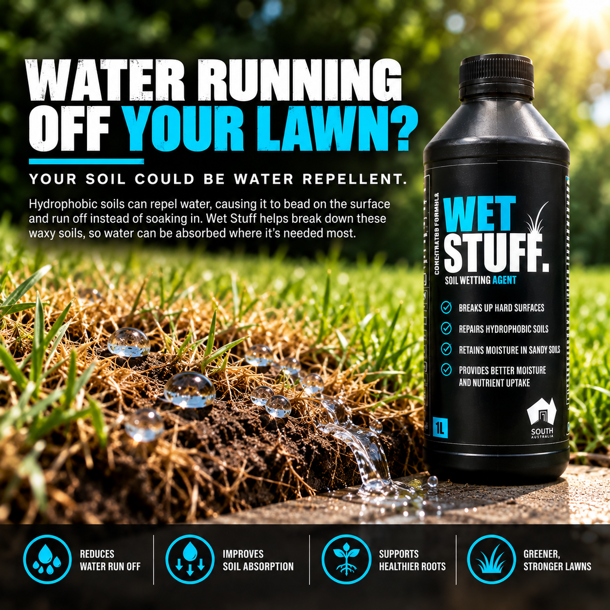 Wet Stuff wetting agent for dry and water-repellent lawn soils