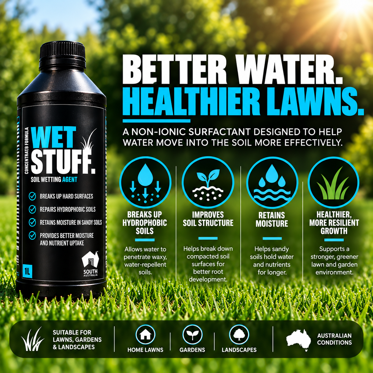 Wet Stuff wetting agent for improved water penetration and healthier lawns