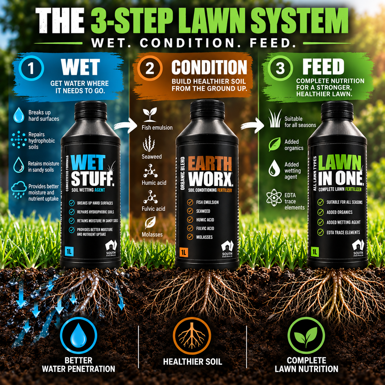 Torn Turf three-step lawn care system for water, soil and lawn nutrition
