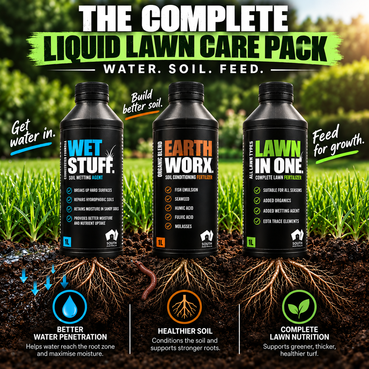 Complete liquid lawn care pack for healthier soil, stronger roots and greener turf
