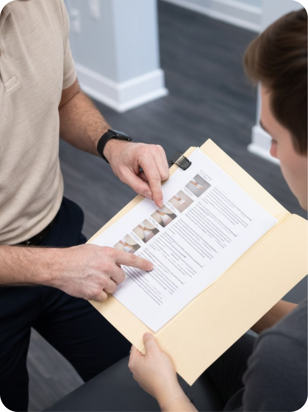 Two people, one holding a folder with printed documents and the other pointing at a specific section with the rehab exercises visible.