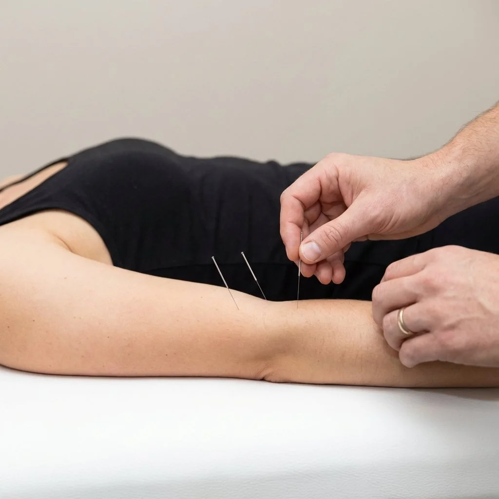 Person lying down while receiving dry needling treatment on their arm from a practitioner.