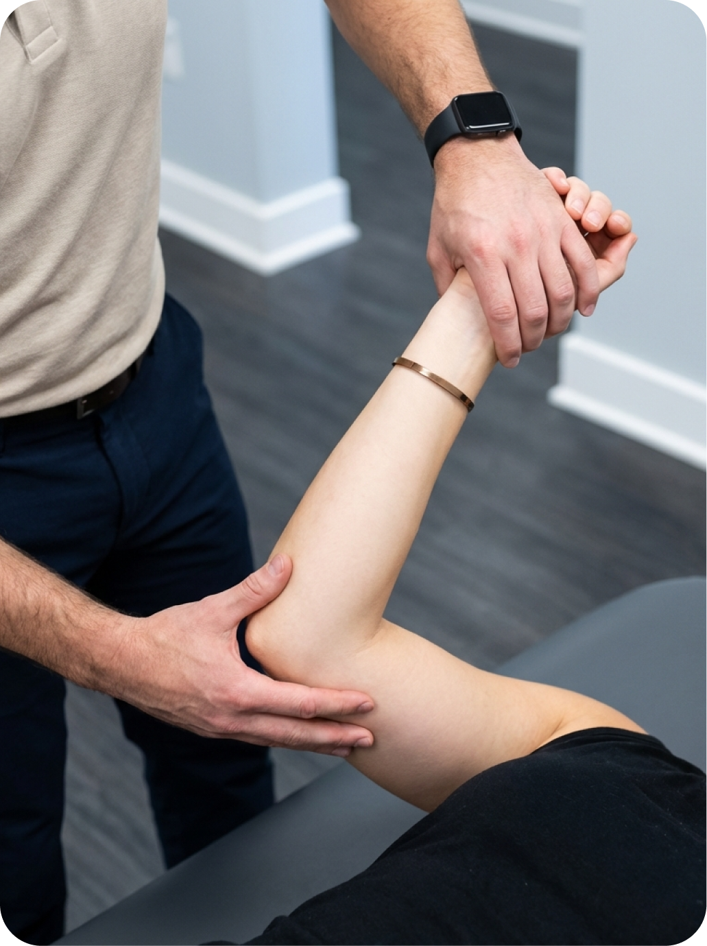 A healthcare professional is assessing the elbow joint of an adult