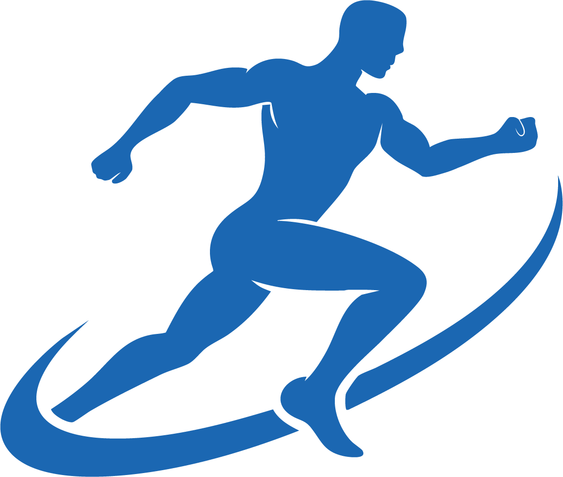 Silhouette of a male runner in a sprinting pose, depicted in blue, with a curved line enhancing the speed motion.