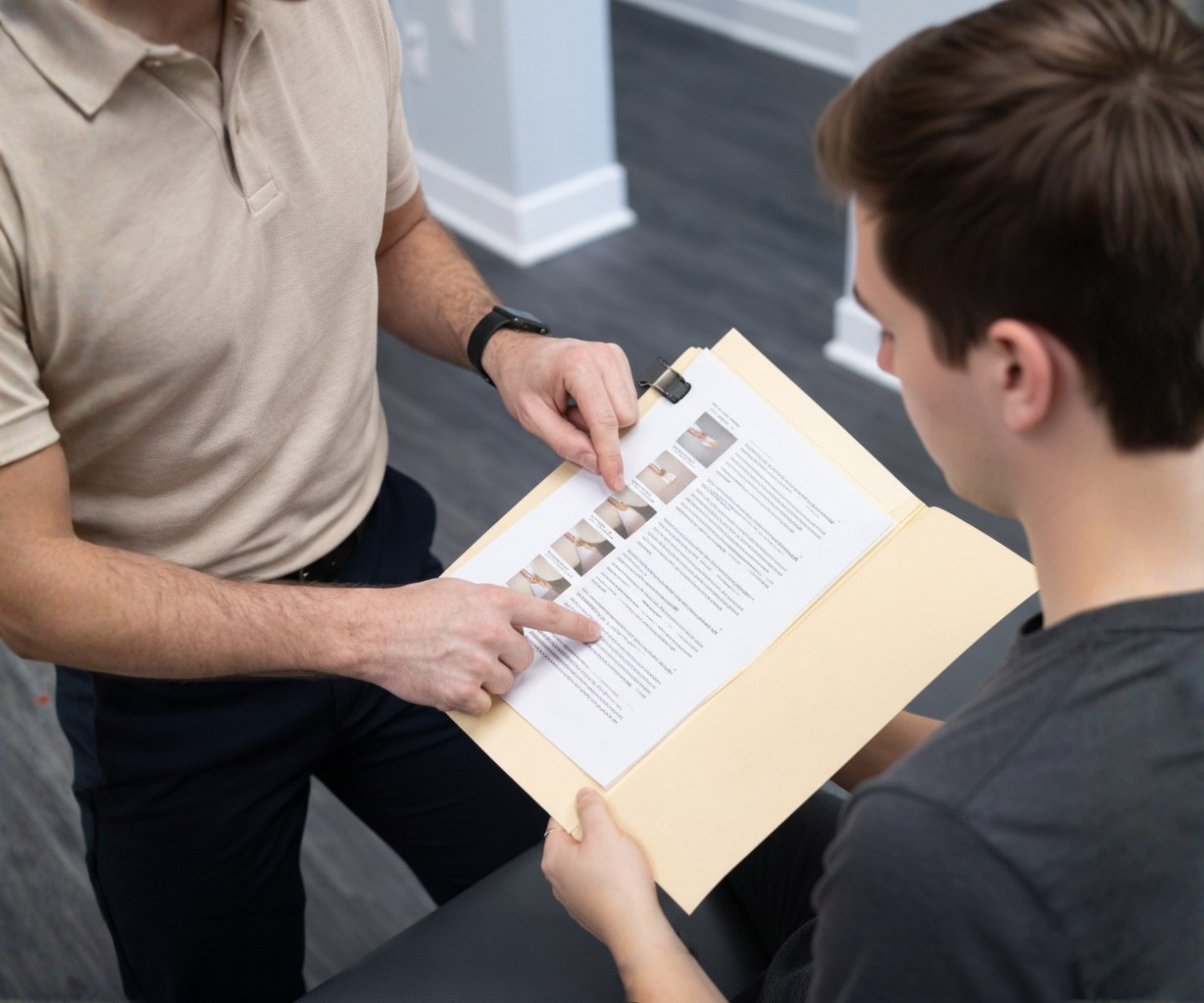 Two people, one holding a folder with printed documents and the other pointing at a specific section with the rehab exercises visible.