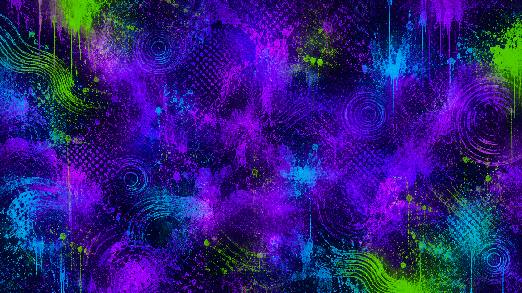 Abstract digital artwork featuring vibrant purple, blue, and green splashes, circles, and lines on a black background.