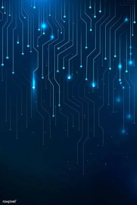 Digital abstract background with blue circuit-like lines and glowing dots against a dark blue backdrop.