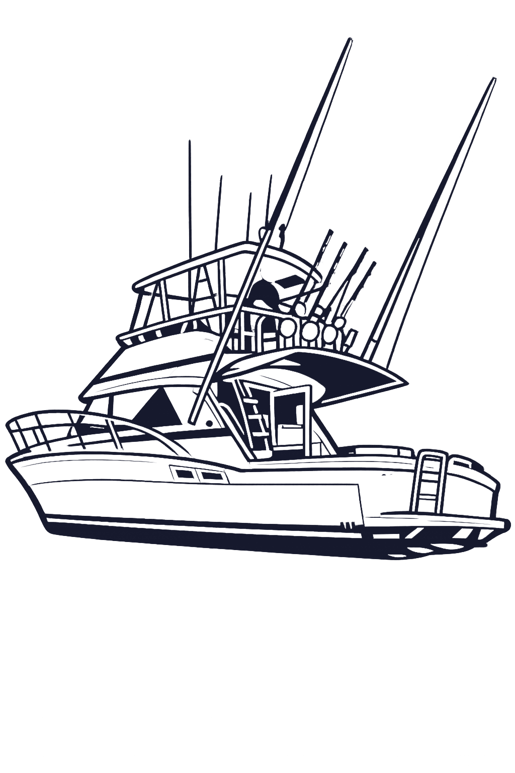 Outline drawing of a fishing boat with sails and rigging.