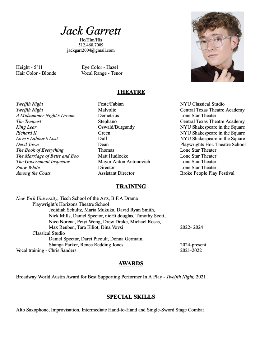 A resume for Jack Garrett displaying personal details, theatre experience, training, awards, and special skills, with a professional headshot in the top right corner.