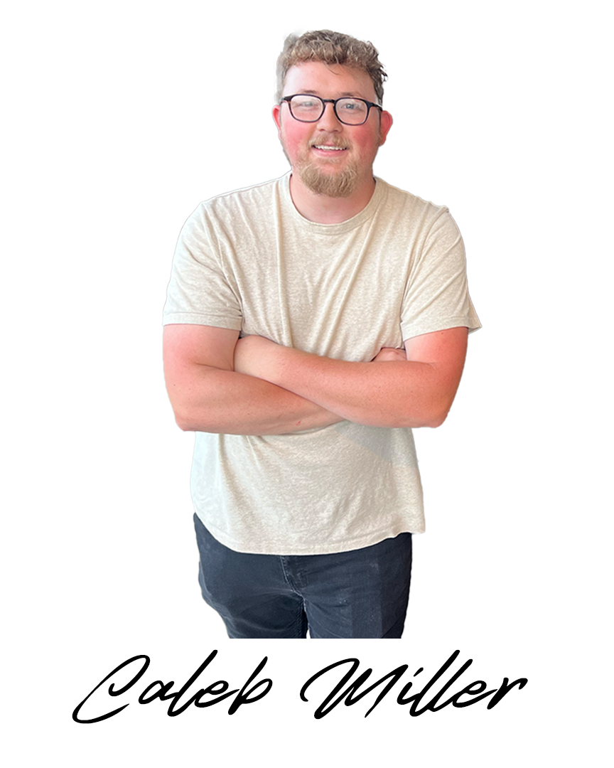 A young man with glasses, curly hair, and a beard, standing with arms crossed, smiling, wearing a beige t-shirt and dark jeans. Text at the bottom reads 'Caleep Miller'.