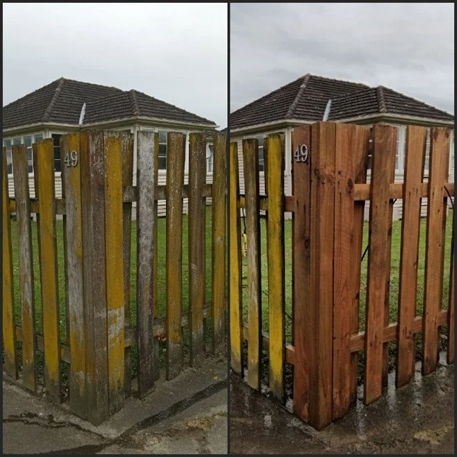 The image shows a before-and-after comparison of a wooden fence around a house. The left side shows an old, weathered yellow fence with peeling paint, and the right side shows a newly replaced, polished wooden fence.