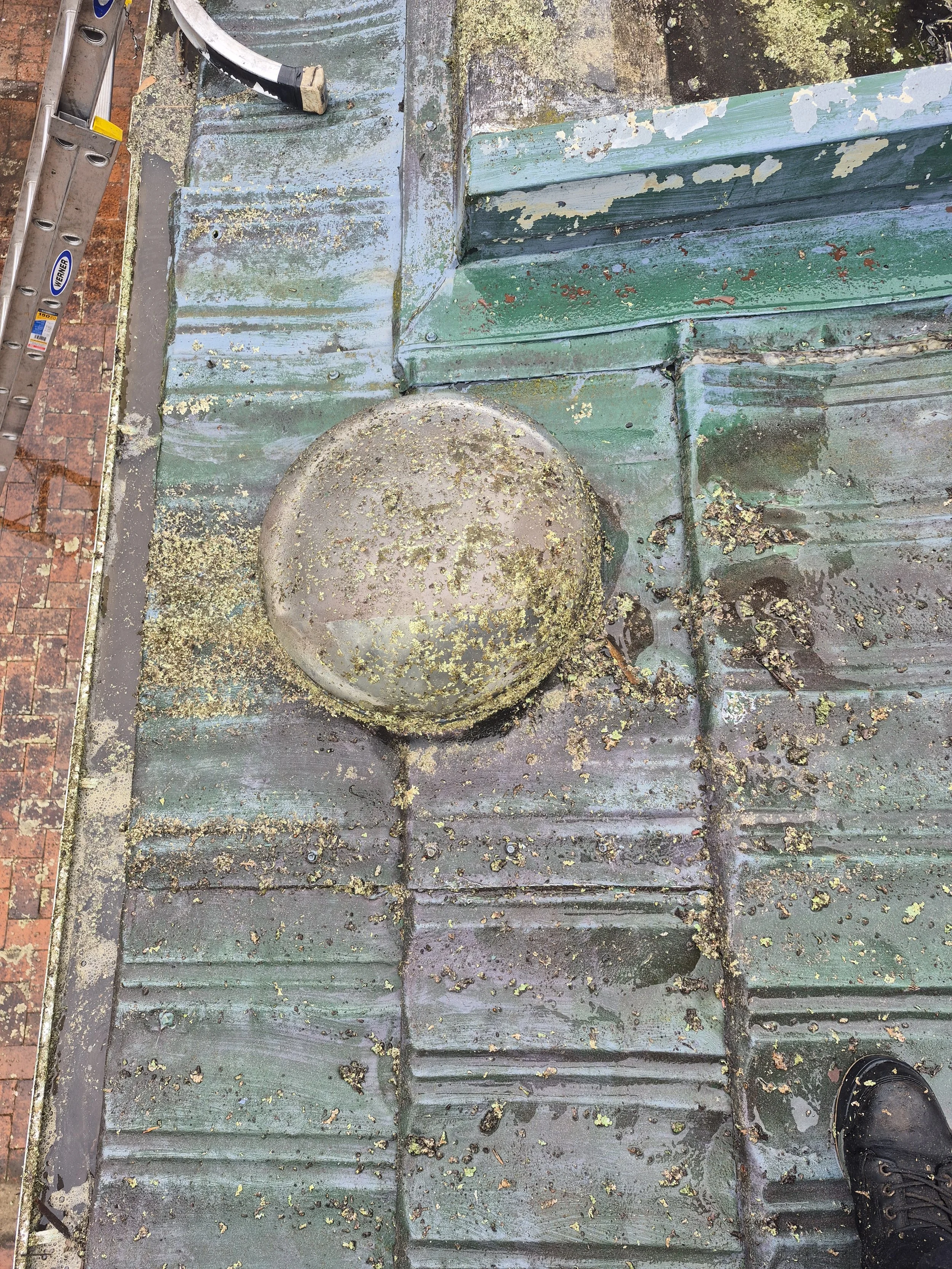 A weathered, green painted rooftop surface with peeling paint and dirt, a round lamp or vent cover, a ladder on the left side, and a person's shoe visible in the bottom right corner.