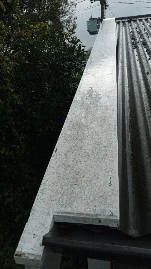 Close-up of a metal roof edge with rainwater on its surface, with green foliage and electrical wires in the background.