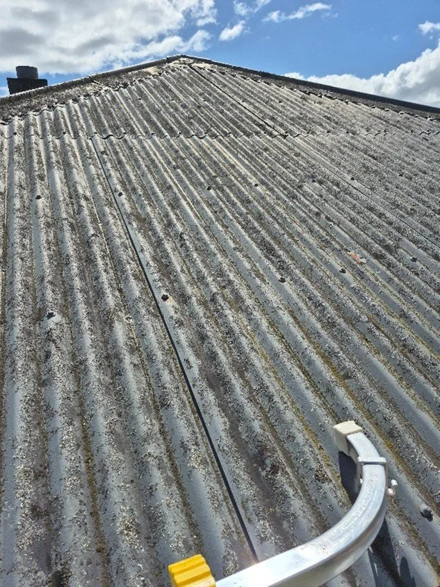 View of a dirty, weathered metal roof with a ladder in the foreground; the sky is partly cloudy.