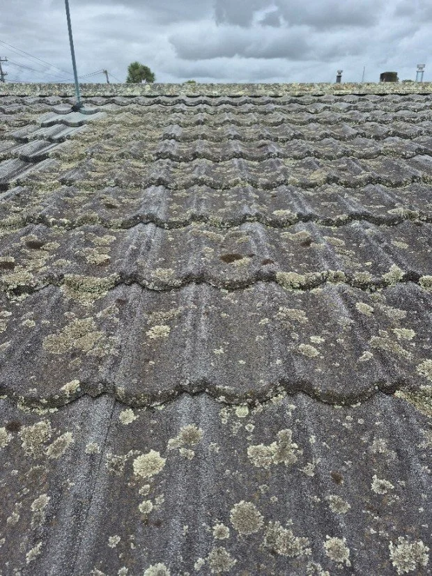 Close-up of a roof with weathered, moss-covered shingles, under a cloudy sky.