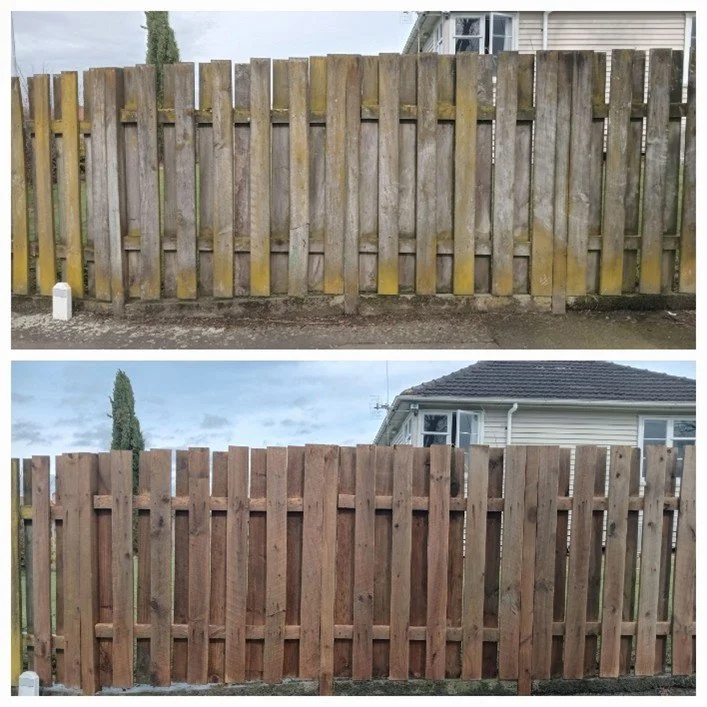 Comparison of a weathered wooden fence before and after cleaning and staining, showing the fence's surface and color change.