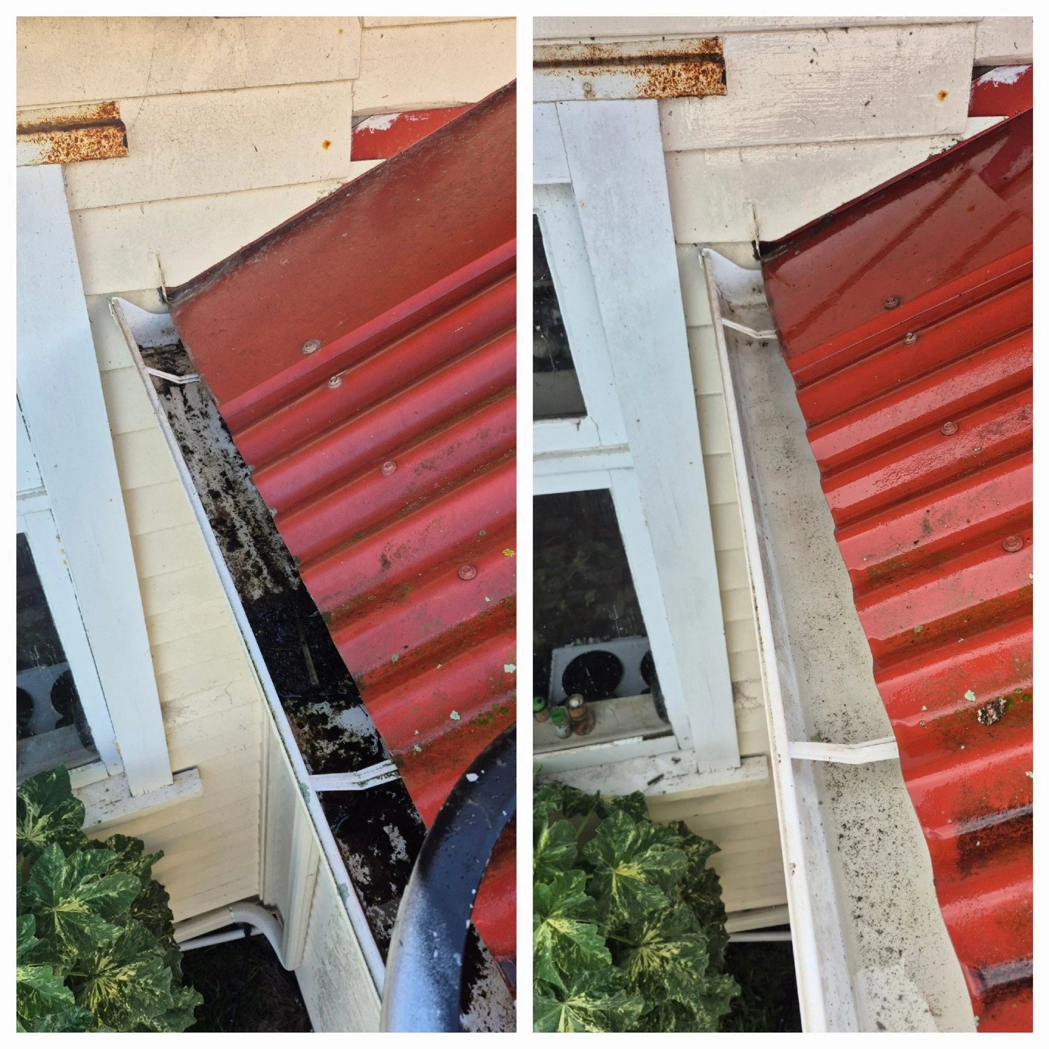 Comparison of a house window area with a red corrugated metal roof, showing before and after cleaning. The left side has dirt, moss, and grime, while the right side is clean.