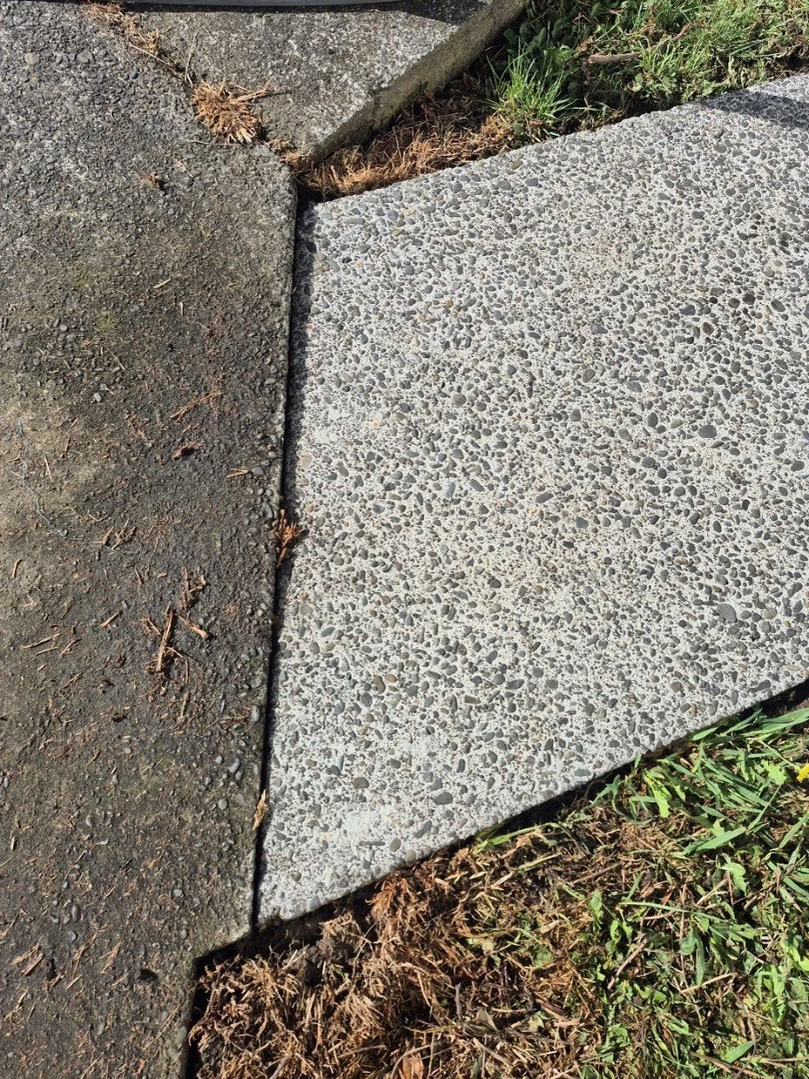 Close-up of a sidewalk or concrete pavement edge where a concrete square block meets asphalt paving, with grass and dirt along the edge.
