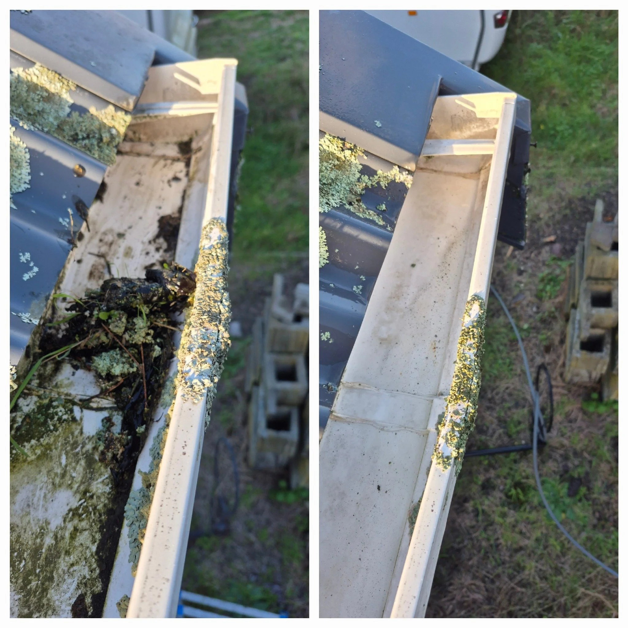 Side-by-side comparison of the gutters on a roof; the left side shows a gutter clogged with debris, eyesore with dirt, moss, and leaves, while the right side shows a clean, debris-free gutter.
