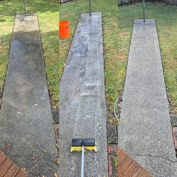 Comparison of three concrete pathways showing their cleanliness, with the middle one being the cleanest and the left one the dirtiest, and the right one being in between.
