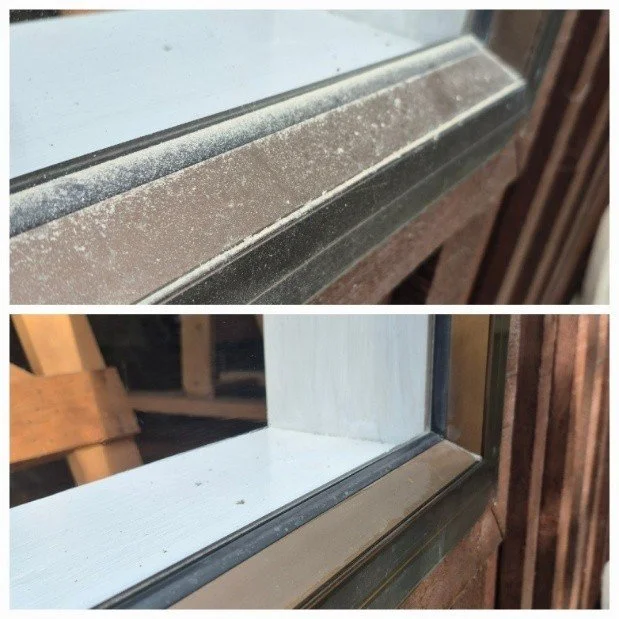 Close-up of a dusty window sill before cleaning, and the same windowsill after being cleaned.
