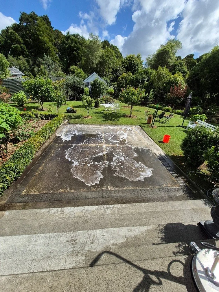Backyard garden with green lawn, trees, garden furniture, and a concrete patio that has soap or cleaning solution on it, with a partly cloudy sky overhead.
