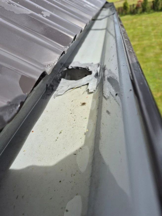 Close-up of a damaged metal roof with a hole near the edge, some torn and bent metal panels, and visible debris.