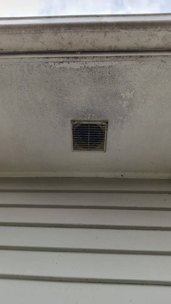 Ceiling vent with dirt and mold buildup, above horizontal siding.