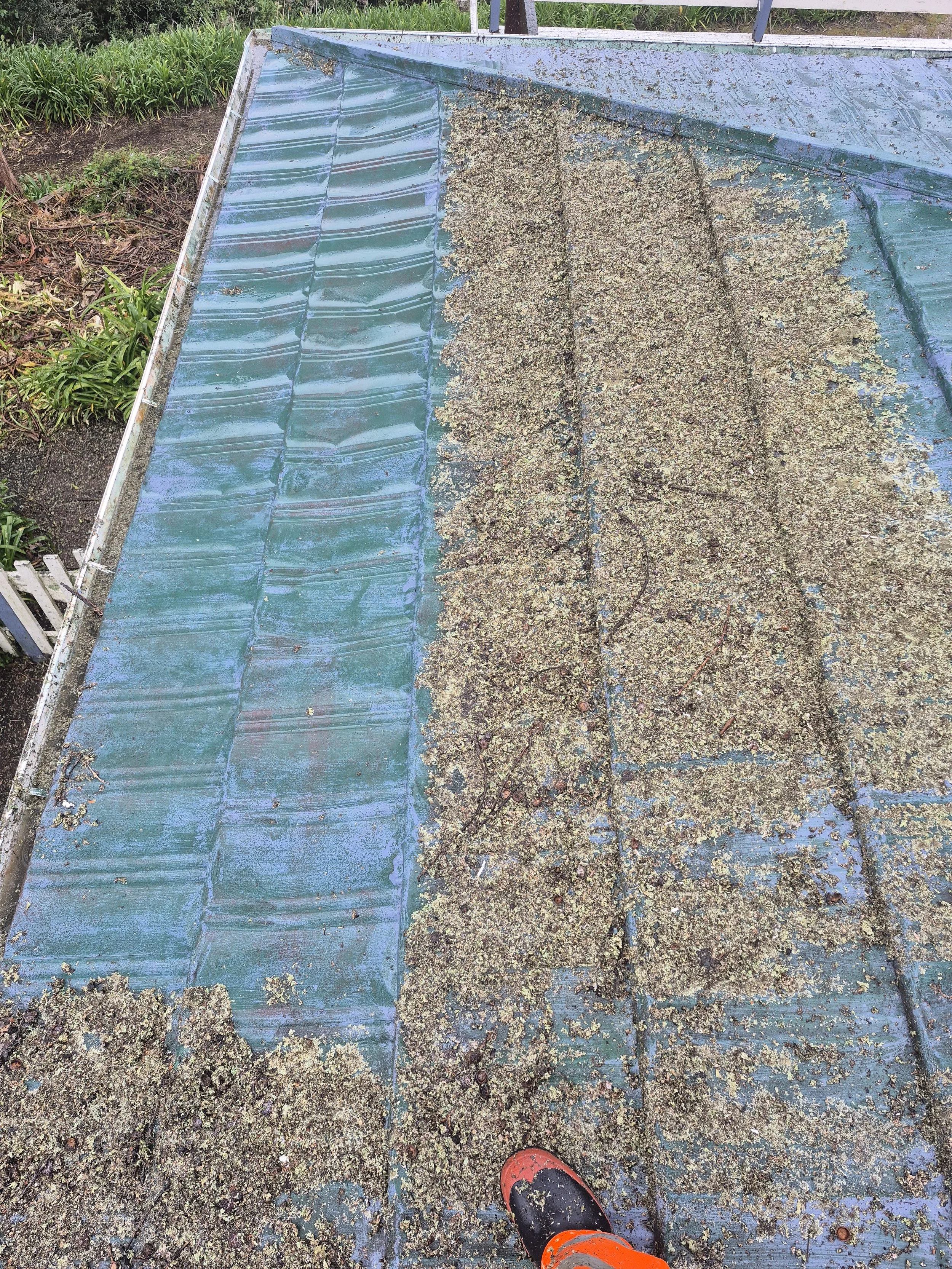 View of a rooftop partially covered with dirt and debris, with a person's foot in a black and orange shoe visible at the bottom.