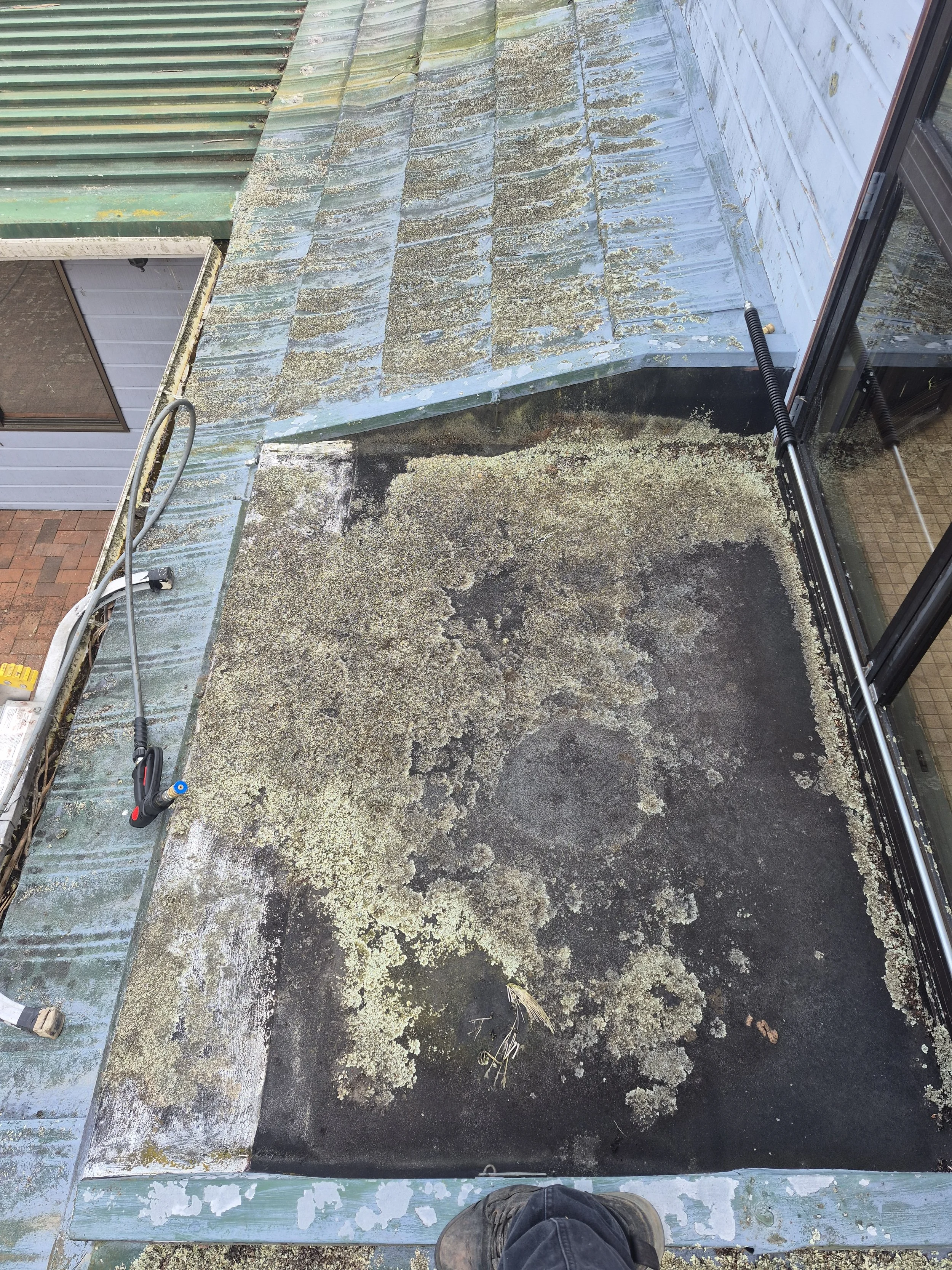 View from a rooftop showing old, mossy roofing material and a corner of a sliding glass door.