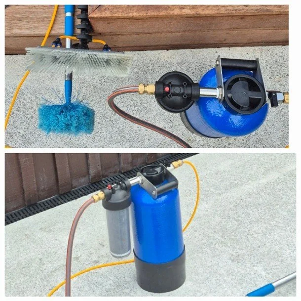 Two images showing a water filtration and filtration system setup outdoors. The top image has a pressure gauge, a filter housing, and cleaning brushes. The bottom image shows a blue water filter with a filtration unit and hoses connected.