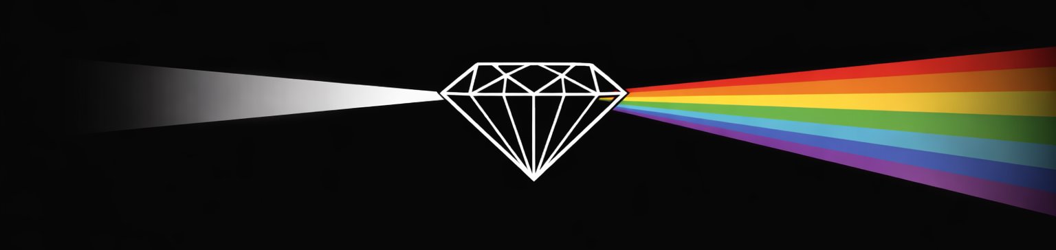 A white outline of a diamond shape on a black background, with a beam of white light entering from the left and splitting into a colorful rainbow spectrum out to the right.