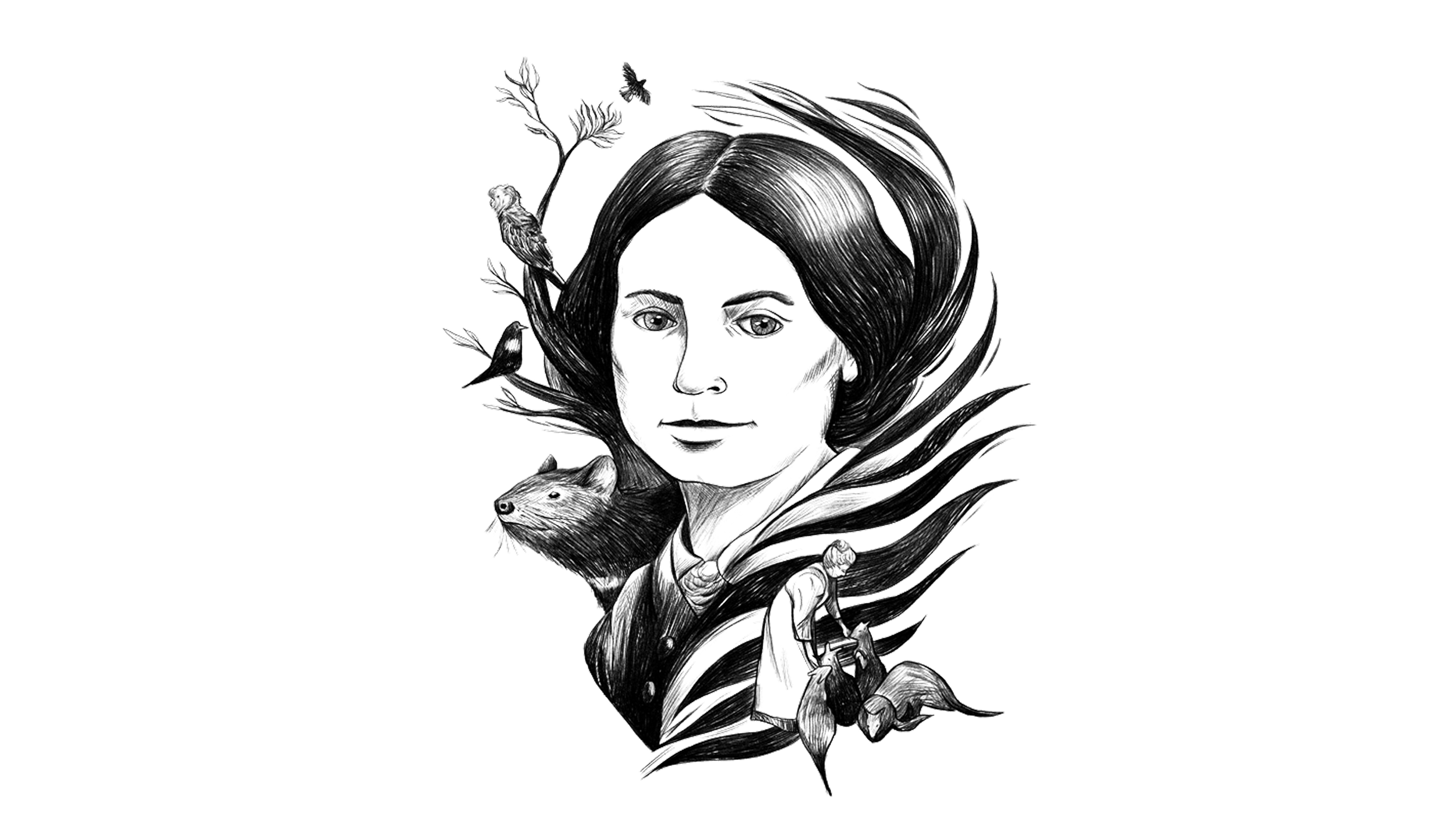 Black and white illustration of a woman's face surrounded by trees, birds, a rat, and a person with a bag, with flowing lines.