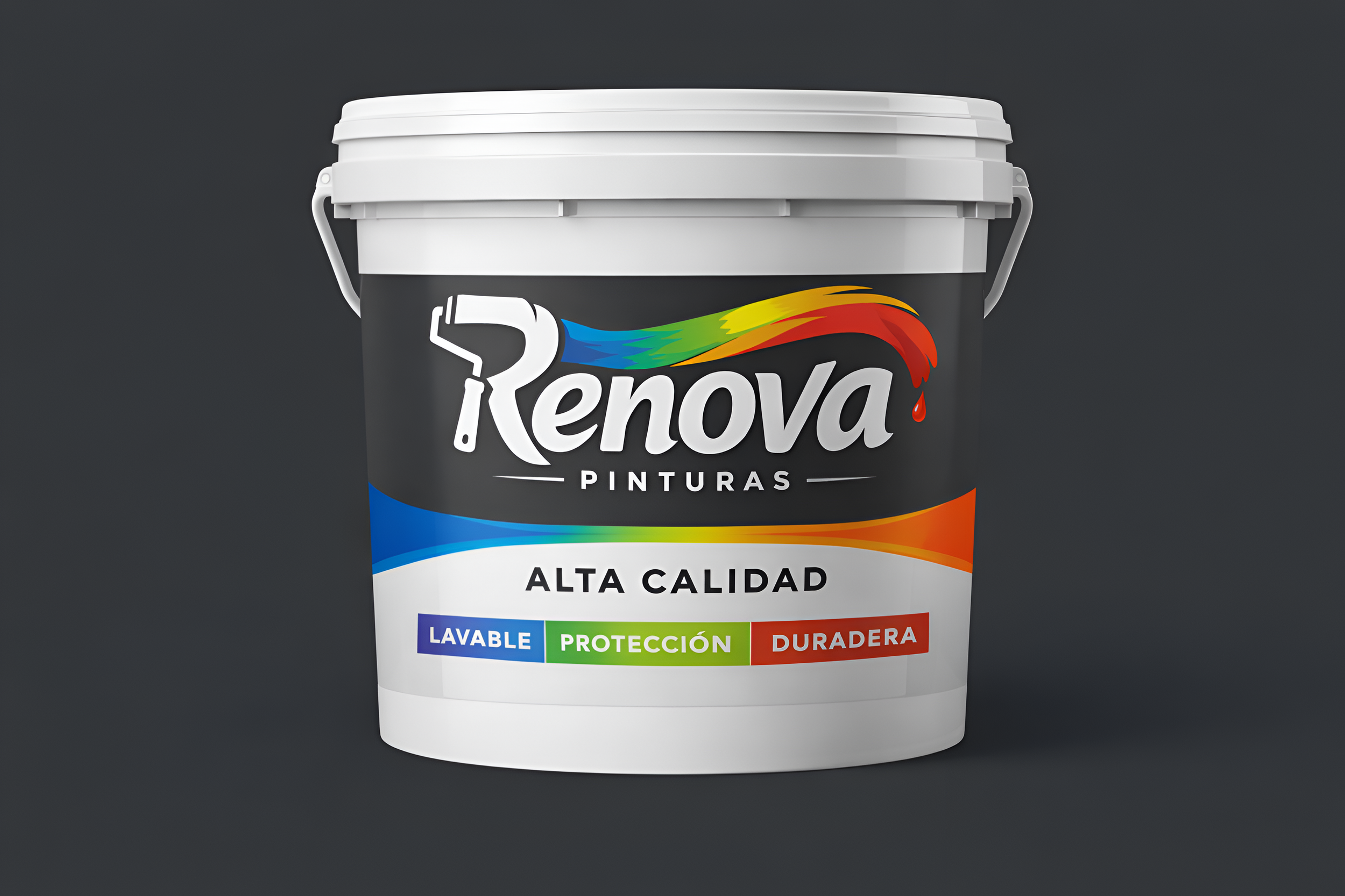 Balde de pintura de la marca Renova, con colores en el logo y etiquetas que indican alta calidad, lavable, protección y duradera.