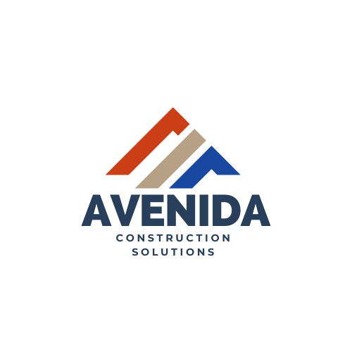 A logo with three stylized mountain peaks in red, beige, and blue colors above the text 'AVENIDA'. Below, it says 'Construction Solutions'.