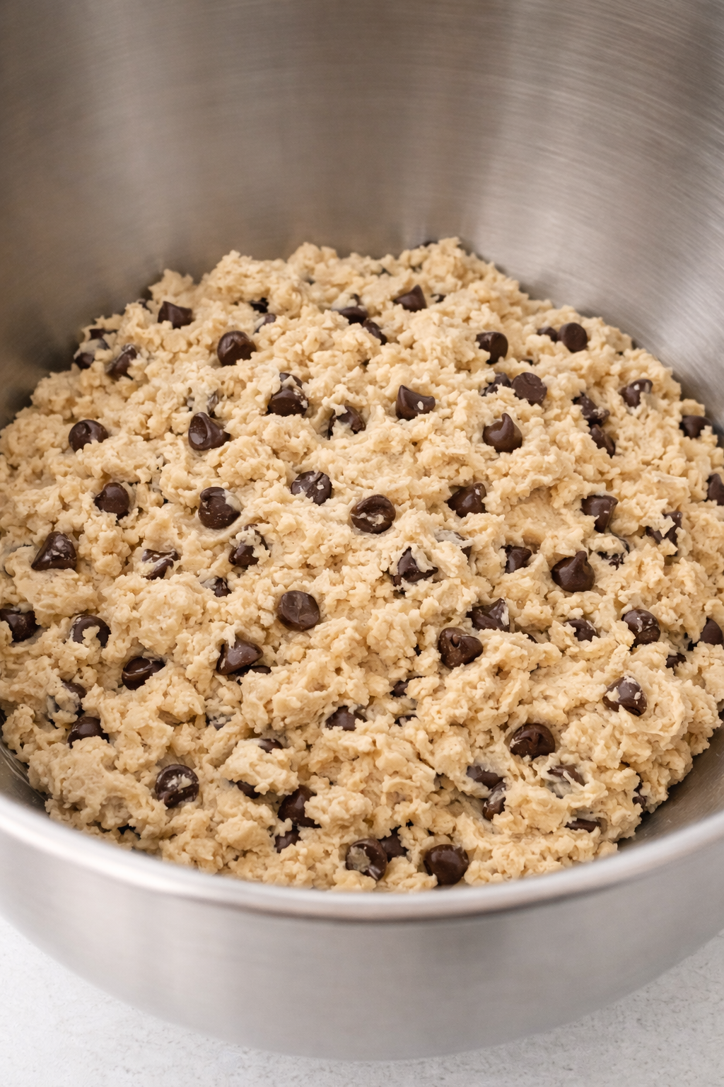 Cookie dough with chocolate chips in a stainless steel mixing bowl