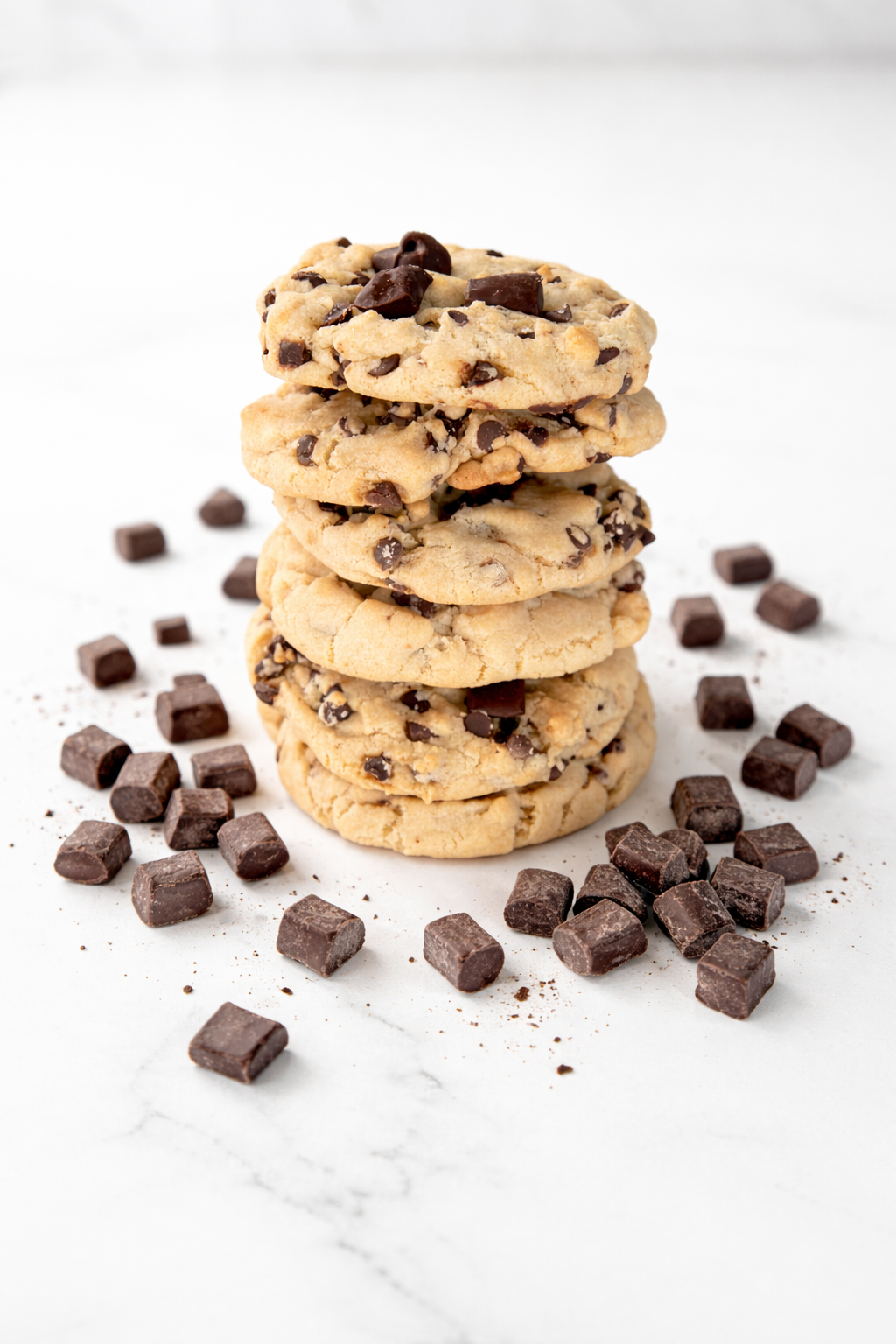 Stack of five chocolate chip cookies surrounded by scattered chocolate chunks on a white surface.