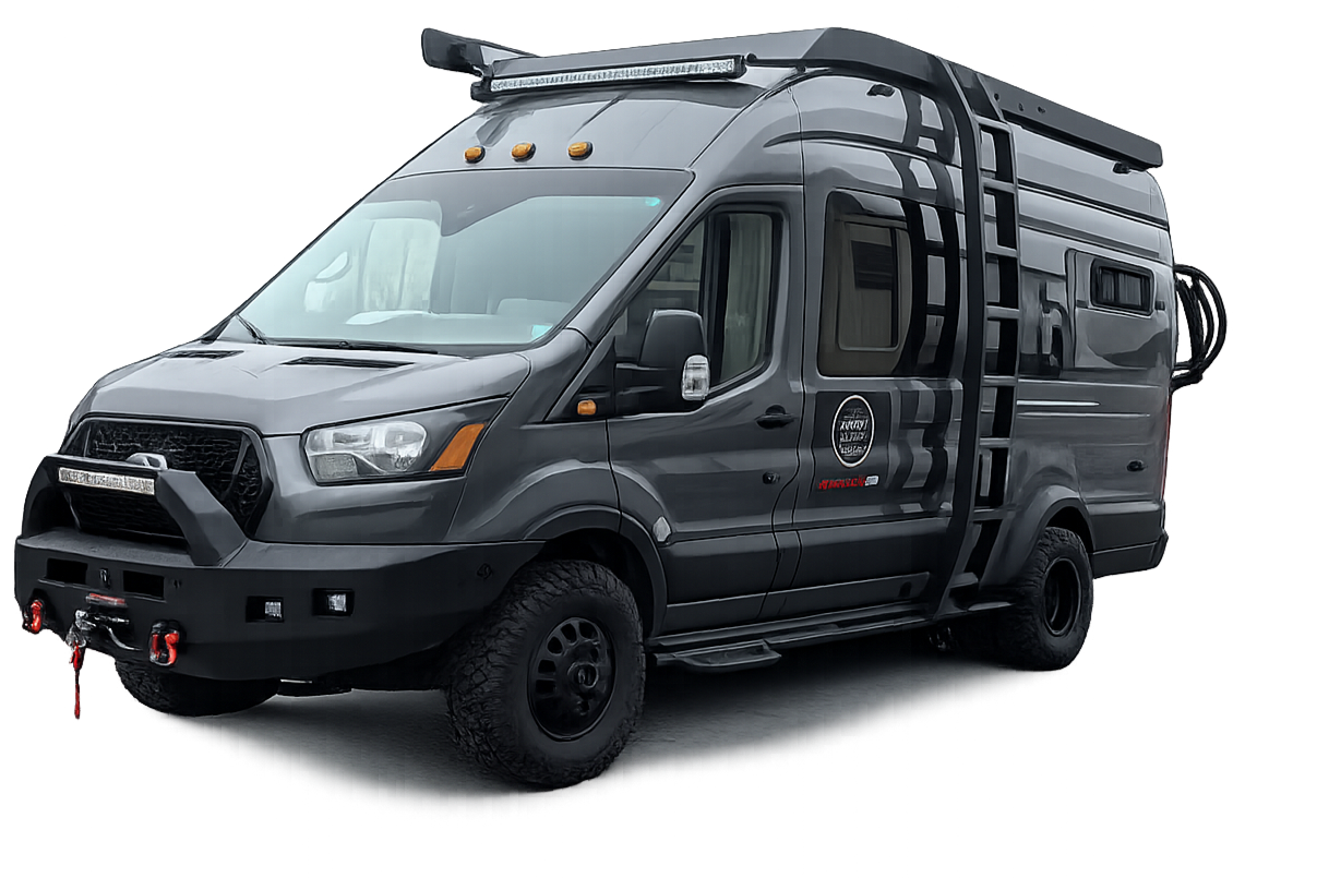 A dark gray off-road camper van with a high roof, integrated ladder on the side, and mounted outdoor lighting and equipment.