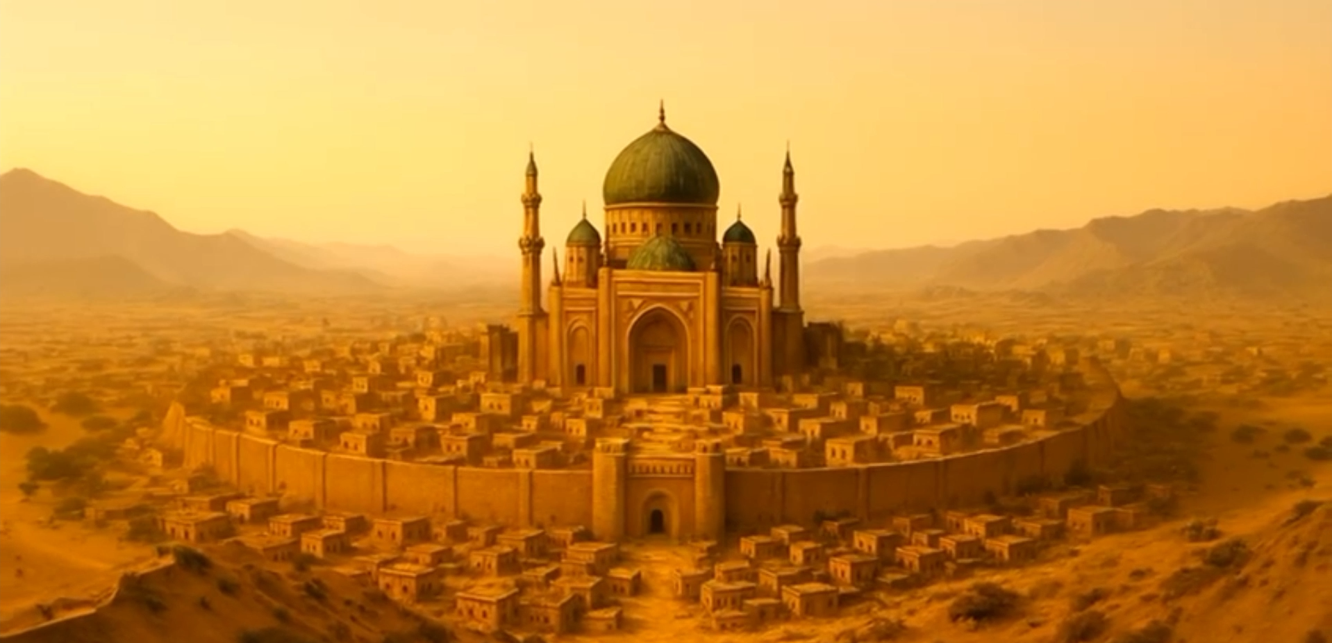 A grand castle with a large central dome and four smaller domes, surrounded by a defensive wall, set in a desert landscape at sunset.