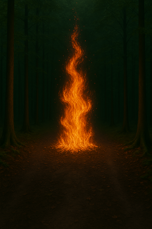 A large fire in the middle of a dark forest path, with trees on either side