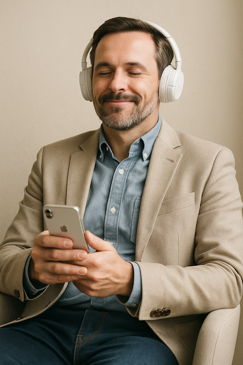 A man in a beige blazer and blue shirt, sitting on a chair, wearing white headphones, smiling, and looking at his smartphone.