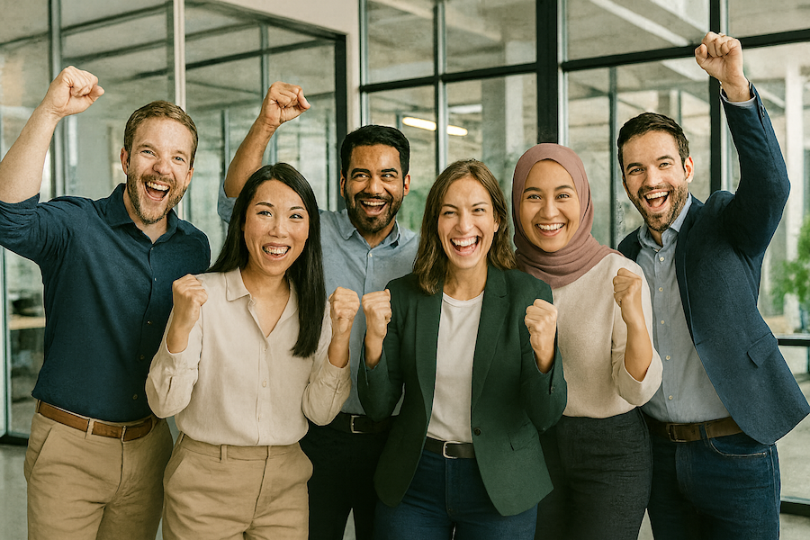 Six diverse coworkers celebrating with raised fists and smiling in an office building.
