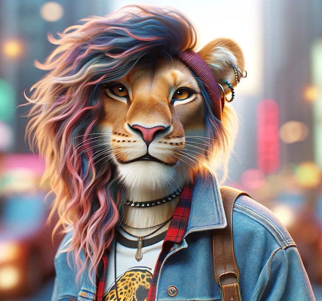 A digital illustration of an anthropomorphic lion with a colorful, wavy mane, wearing a denim jacket, a plaid shirt, and accessories like necklaces and earrings, set against a blurred cityscape background.