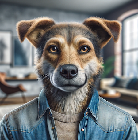 A dog with a human-like body wearing a denim jacket in a modern living room.