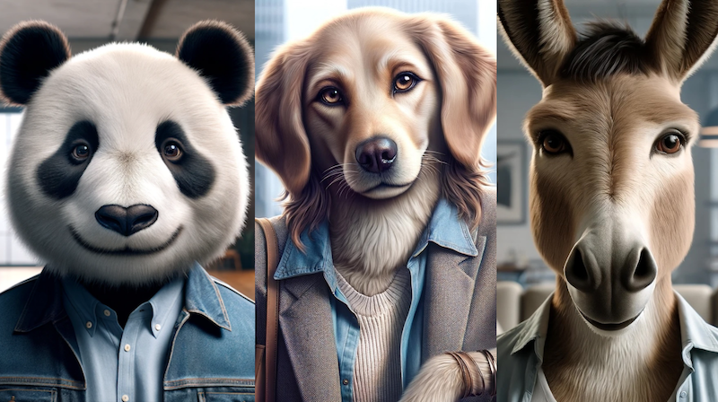 Three animals in business casual attire: a panda, a dog, and a donkey.