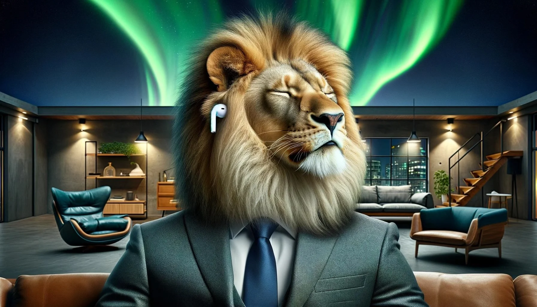 A lion with a human body dressed in a suit, wearing wireless earbuds, and sitting in a modern office with a city view and the northern lights visible in the background.
