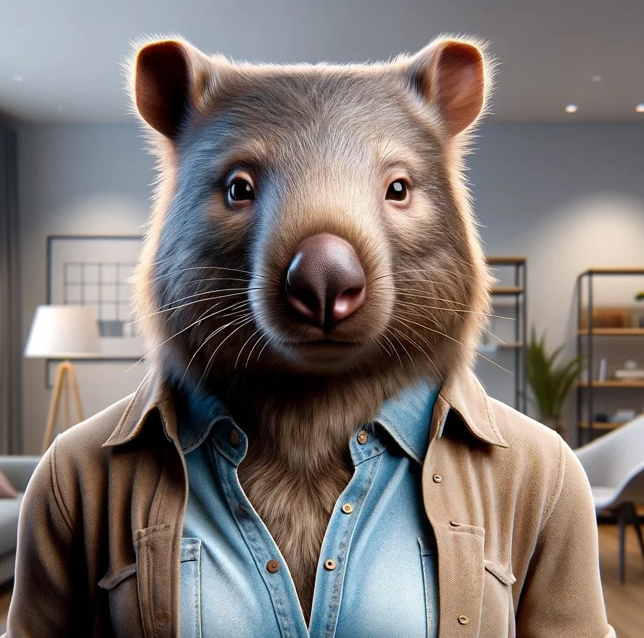 An anthropomorphic bear with a human body, wearing a blue shirt and tan jacket, standing in a modern living room.