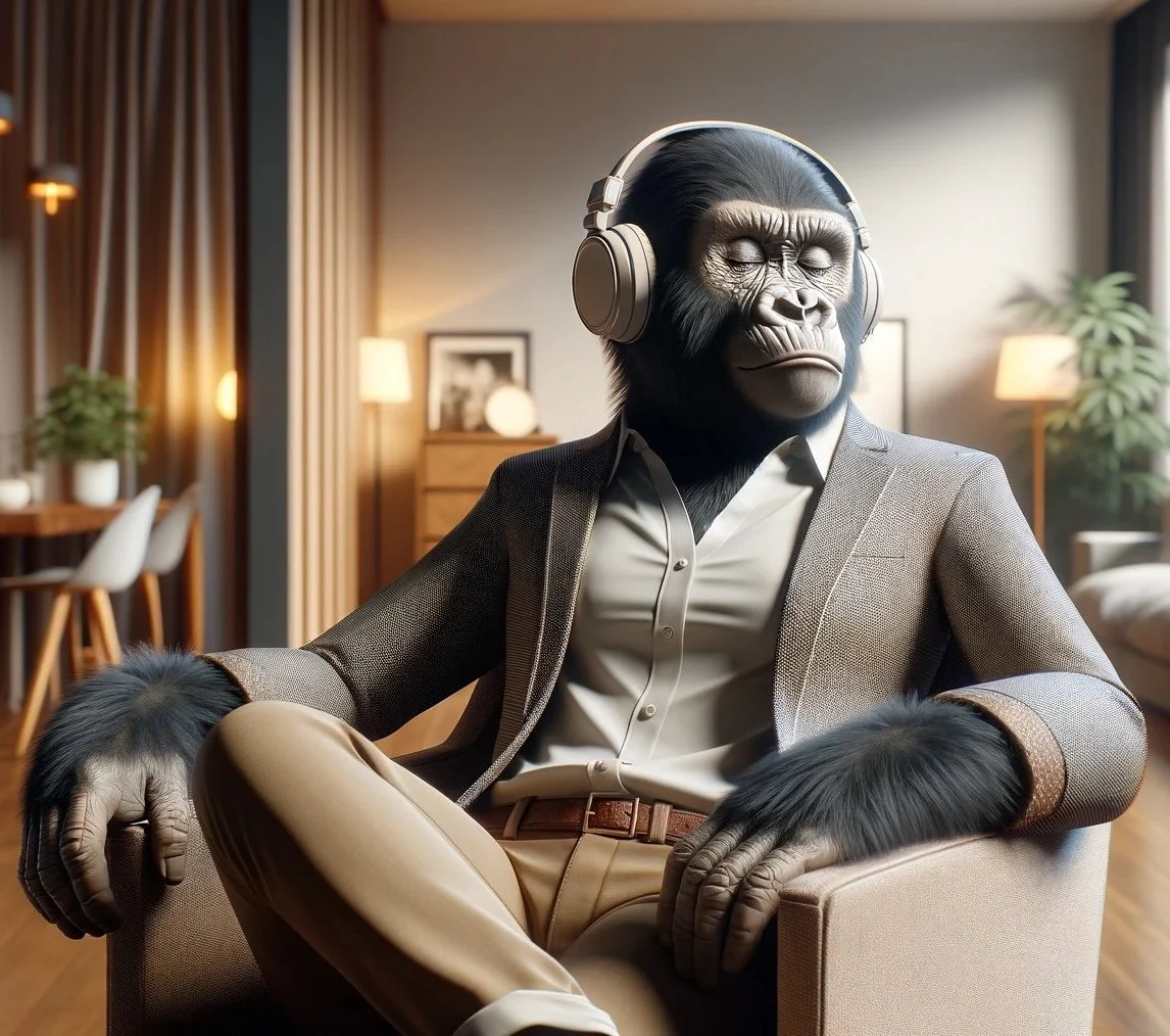 An anthropomorphic gorilla wearing a business suit, headphones, and sitting on a chair in a modern living room.
